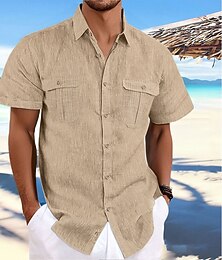 お買い得  -男性用 シャツ リネンシャツ サマーシャツ ビーチシャツ 純色 バケーション 日常 ブラック ホワイト ネイビーブルー ブルー 半袖 折襟 春 秋 衣類 ボタンダウン