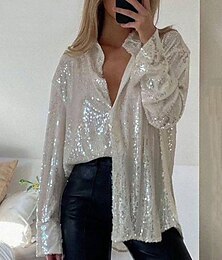 economico -Per donna Blusa Top con paillettes Brillante Quotidiano Elegante Manica Lunga Colletto a Camicia Top Regolari Quotidiano Ferie Paillettes Argento Nero Rosa Vino Rosso Primavera Autunno