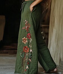 baratos -Mulheres Perna larga Calças Calça Palazzo Moda Roupa de rua Comprimento total Cintura Alta Flor Cintura elástica Com Cordão Imprimir Respirabilidade Confortável Rua Roupa Diária Para Noite Verde