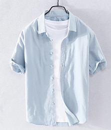 abordables -Hombre Camisa de lino Camisa de verano Ropa de playa Abotonar la camisa Plano Vacaciones Maldición Blanco Azul Piscina Gris Manga Corta Cuello Vuelto Verano Ropa