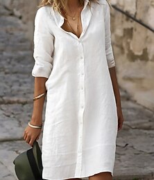 abordables -Mujer Negro Blanco Azul Piscina Verano Primavera Mini vestido Vestidos de lino y algodón Vestido de Camisa Vestido de algodón blanco Vacaciones Básico Moderno Diario Fin de semana Holgado Plano