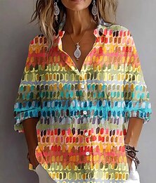 baratos -Mulheres Camisa Social Gráfico Geométrica Poá Vintage Diário à moda Manga Longa Decote V Colarinho de Camisa Tops regulares Trabalho Diário Feriado Botões Imprimir Rosa Azul Laranja Verão Primavera