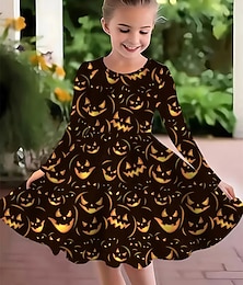 billiga -Halloween Flickor 3D Pumpa Klänning Långärmad Sommar Vår Semester Dagligen Helgdag Prinsessa Skön Ljuv Barn 4-12 år Vardagsklänning A linjeklänning Knälång Normal