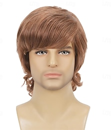 economico -Parrucca da uomo corta e ondulata, castana, stile rocker anni '60/'70, per feste di Halloween e cosplay.