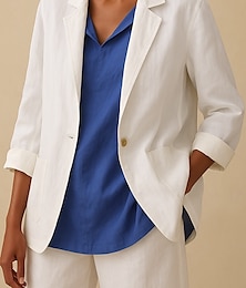 preiswerte -Damen-Blazer aus Baumwollleinen, bequem, atmungsaktiv, mit Taschen, Knöpfen, Vintage, lässig, einfarbig, fürs Büro, Straße, lässig, Alltagskleidung, einreihig, normaler Umschlag, normale Passform, langärmlig, Oberbekleidung, schwarz