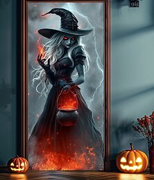 abordables -Couverture de porte Halloween – Sorcière tenant une lanterne citrouille lumineuse bannière d'entrée de maison hantée décoration extérieure creepy pour la chambre le salon la salle de bains pour