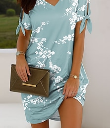 abordables -Femmes Mini robe Robe Décontractée Robe T-Shirt Robe d'été Élégant Vacances ancien Épaules dénudées Coupe régulière Fleuri Graphique Manche Courte Col en V Rose Claire Bleu Violet Vert Été Printemps