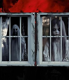 levne -2 balení halloweenských dekorací na okno s ženským duchem, halloweenských okenních dekorací, hororových panenek s ženským duchem, závěsů, hororových plakátů s lebkou a vnitřních i venkovních dekorací
