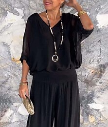 economico -Per donna Attivo Moda Blusa Set di Pantaloni Mezza Manica Scollo a V Tinta unica Spacco sulla Coscia Senza schiena Ferie Uscire Nero Bianco Verde chiaro Autunno Vestibilità regolare