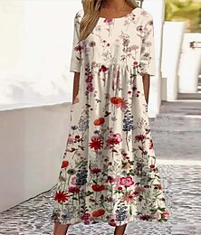 abordables -Femmes Robe Midi Robe Décontractée Robe d'été Mode Moderne Quotidien Plage Week-end Coupe régulière Fleur Manche Courte Col ras du cou Blanche Été Printemps