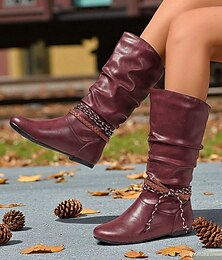abordables -Botas de media caña de piel sintética color burdeos para mujer: botas de montar planas y holgadas con tiras trenzadas para salidas de otoño, viajes y festivales al aire libre.