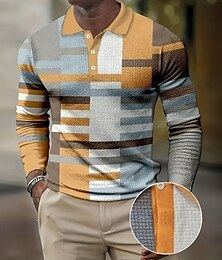 お買い得  -男性用 カラーブロック パッチワーク ワッフルポロシャツ 長袖 ポロシャツ 襟付きシャツ ビジネスカジュアル ビジネス 仕事に着る デイリーウェア ボタン 春 秋 冬 ブルー