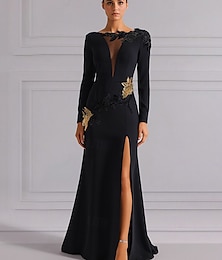 ieftine -Rochie de seară elegantă, neagră și aurie, cu linie A, rochie de mireasă, smoking, cu mânecă lungă, decolteu în V, crep elastic cu broderie de paiete, 2025