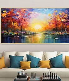 お買い得  -手作りの油絵キャンバス壁アート明るい新しい装飾森日の出風景ホームデコレーションロールフレームレス未延伸絵画