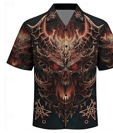 billige -Herre Djevel Flamme Skjorte Kubansk skjorte Skjorte med knapper Kortermet Mørk punk gotisk Feriereise Ferie Gateklær Sommer Camp Collar skjorte 3D-utskrift Svart 1 Svart Sort 2