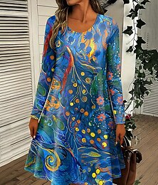 abordables -Femmes Mini Robe Robe Décontractée Robe T-Shirt Robe d'Été Robe trapèze Occasionnel Coupe régulière Fleuri Graphique Abstrait manche longue Col ras du cou Rose Claire Bleu Orange Vert Automne Hiver