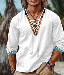 voordelige -Voor heren Overhemd Linnen overhemd Viking-stijl Zomer overhemd Strand hemd Vintage overhemd Effen Kleur Vakantie Casual Zwart Wit Groen Lange mouw V-hals Zomer Lente Kleding Trekkoord