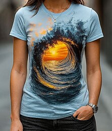 baratos -Mulheres Camiseta Âmbar Gráfico oceano Vintage à moda Clássico Manga Curta Gola Redonda Decote Redondo Tops regulares Diário Final de semana Imprimir Azul Verão Primavera