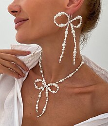 abordables -Conjunto de collar y pendientes colgantes con lazo de perlas para mujer: elegante joya llamativa para fiestas de moda y cócteles.