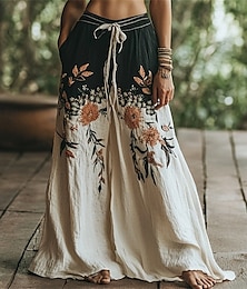 baratos -Mulheres Perna larga Calças Calça Palazzo Moda Boho Comprimento total Cintura Alta Flor Cintura elástica Com Cordão Imprimir Respirabilidade Confortável Rua Roupa Diária Para Noite Preto Primavera