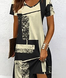 ieftine -Pentru femei Rochie Mini Rochie din Tricot Rochie casual Rochii Tricou Rochie de Vară Vacanță Casual Fit regulat Grafic Geometric Abstract Manșon scurt În V Negru și Alb Șampaniu Roșu-aprins Albastru