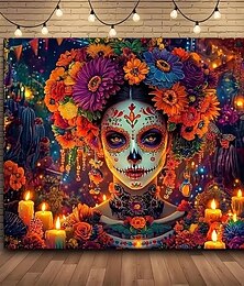 levne -Nástěnná tapisérie Dne mrtvých – cukrová lebka mexická barevná dekorace Dia de los Muertos pro obývací pokoj Halloween 2025 ložnici