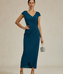 abordables -Femmes Robe maxi Robe fourreau Élégant Coupe régulière Couleur Unie Manche Courte Col en V Bleu Encre Été Printemps