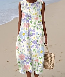 abordables -Femmes Robe Midi Robe Décontractée Robe d'été Mode Moderne Quotidien Plage Week-end Coupe régulière Fleur Sans manches Col ras du cou Blanche Bleu Été