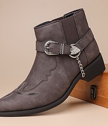levne -Pánské šedé kotníkové boty ve westernovém stylu z umělé kůže – s přezkou a kovovým řetízkem na country koncerty, noční život a výrazný streetwear