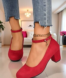 baratos -Sapatos Mary Jane femininos de salto bloco vermelho - sapatos sociais de camurça sintética com bico redondo e tira no tornozelo, estilo vintage para escritório, festas e uso diário