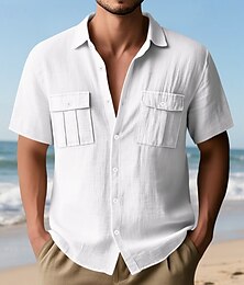 voordelige -Voor heren Overhemd Linnen overhemd Normaal shirt Overhemd met knopen Katoenen shirt Effen Vakantie Straat Zwart Wit Marineblauw Khaki Korte mouw Revers Zomer Kleding Zak