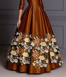 abordables -Corte A Vestidos de noche Elegante Vestido Formal Boda Hasta el Suelo Manga Larga Cuello Barco Bolsillo Satén elástico con Brillante 2025