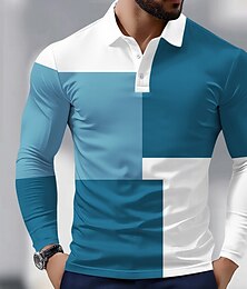 お買い得  -男性用 カラーブロック ポロ 長袖 ポロシャツ 襟付きシャツ ビジネスカジュアル アスレイジャー デイリーウェア 3Dプリント 春 秋 ルビーレッド ブルー ブラウン
