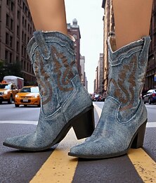 economico -stivali da cowboy in denim da donna - stivaletti vintage con tacco a blocco ricamato, punta affilata e altezza metà polpaccio, classico stile cowgirl americano per festival di musica country e feste di rodeo