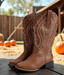 abordables -Botas vaqueras occidentales para mujer con costuras bordadas: botas de media pantorrilla de piel sintética para festivales de otoño, trabajos agrícolas y atuendos campestres.