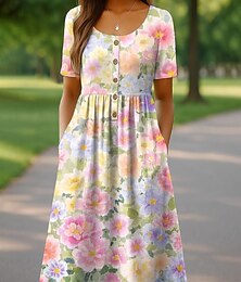 abordables -Femmes Robe Midi Robe Décontractée Robe d'Été Robe trapèze Robe d'été Vacances Occasionnel Chaussures de plage Fête Coupe régulière Fleuri Graphique Manche Courte Col ras du cou Blanche Rose Claire
