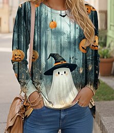 abordables -T-shirt Halloween femme fantôme à manches longues col rond tunique graphique vintage stylé classique haut régulier impression quotidienne week-end bleu violet vert printemps automne préautomne