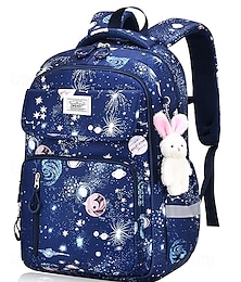 お買い得  -子供用ギャラクシープリント防水スクールバックパック - 子供と小学生向けのウサギのチャームが付いたかわいい大容量スクールバッグ、ピンク、パープル、ダークブルー