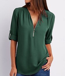 economico -Per donna Blusa Semplice Quotidiano Mezza Manica Scollo a V Top Regolari Quotidiano Cerniera Nero Rosa Marrone Verde Estate Primavera Autunno