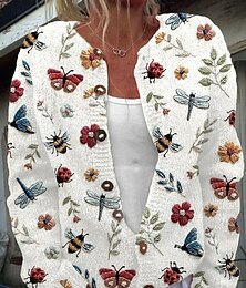 billige -Dame Genser Kofte Mote Gatemote Daglig Blomstret Riflet Åpen Forside Strikket Trykt mønster Langermet Crop Tops Strikke Ferie Ut på byen Helg Hvit Blå Høst Vinter