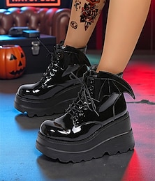 economico -stivaletti con plateau in vernice nera da donna - scarpe punk gotiche con lacci e ali di pipistrello, stivali con tacco grosso per cosplay, Halloween, feste e abiti di moda alternativa