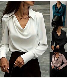 economico -Per donna Camicia Tinta unica Semplice Elegante Vintage Tropicale Manica Lunga Scollo a Cascata Colletto a Camicia Top Regolari Lavoro Quotidiano Semi-Formale Arricciato Nero Bianco Rosa polverosa Blu