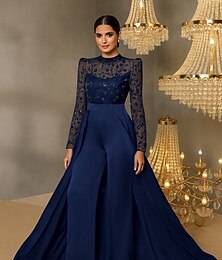 economico -Completo  Tuta in Pizzo Ricamata con Applicazioni per Madre della Sposa Tuta Elegante per Invitate a Matrimonio Minimalista Casual con Collo Alto Sotto il Ginocchio in Pizzo Stretch Satin con Maniche