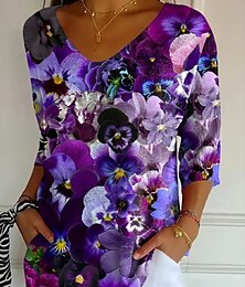 economico -Per donna Blusa Floreale Grafico Vintage Elegante Classico Manica 3/4 Scollo a V Top Regolari Quotidiano Bianco e nero Viola Viola Estate Primavera Autunno