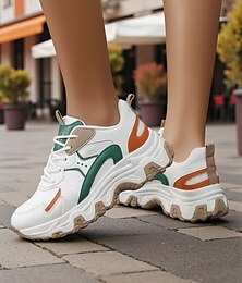 abordables -Zapatillas blancas gruesas para mujer con diseño de bloques de color: zapatillas deportivas informales con cordones para caminar, correr y lucir en la calle.