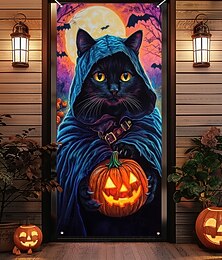Недорогие -Halloween Дверная крышка Наружные баннеры Тыква Кот Галлюциногены Темный панк-готика Вечеринка На открытом воздухе Фоны для съемки Входная дверь Стена крыльца Украшения Стена Дверь Фон