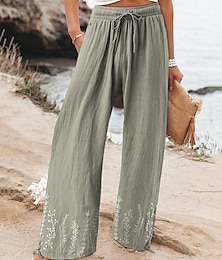 baratos -Mulheres Perna larga Calças Calça Palazzo Moda Roupa de rua Comprimento total Cintura Alta Flor Cintura elástica Com Cordão Imprimir Respirabilidade Confortável Rua Roupa Diária Para Noite Cinzento