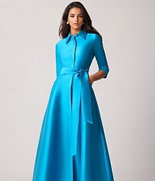 preiswerte -A-Linie Abendkleid Elegantes Kleid Hochzeitsgast Formelle Bodenlänge Halber Ärmel Revers Tasche Stretch Satin mit Bow(s) Tasche Träger