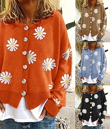 economico -Per donna Felpa Cardigan Elegante Moda Streetwear Margherita Girocollo Tasca Lavorato a maglia Stampato Manica Lunga Top Regolari Maglia All'aperto Quotidiano Weekend Nero Blu Autunno Inverno