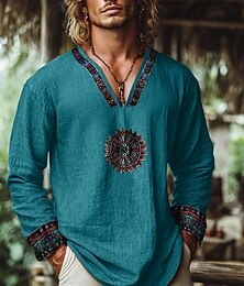 economico -Per uomo Camicia Camicia di lino Camicia popover Camicia Estiva Camicia da Spiaggia Camicia vintage Semplice Vacanza Casuale Blu Manica Lunga Scollo a V Estate Primavera Abbigliamento